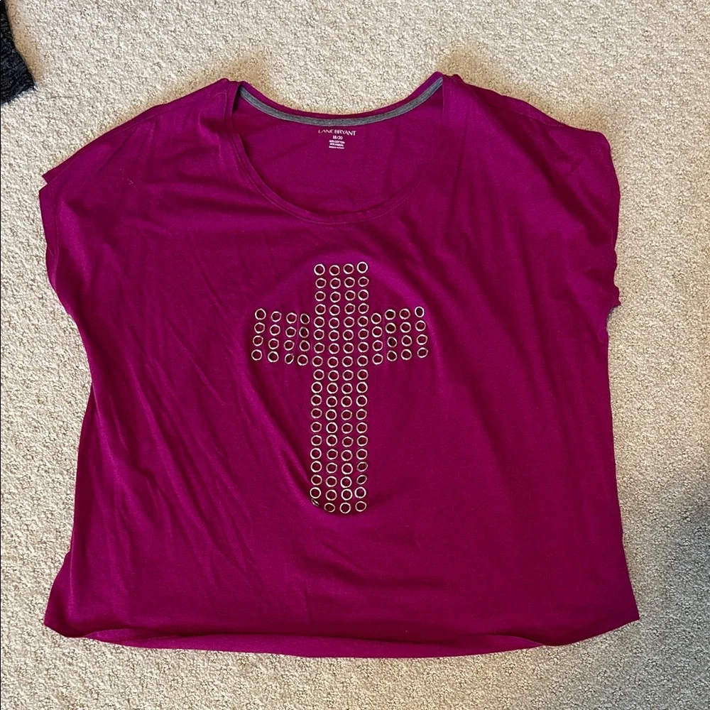 Lane Bryant Purple Top with Studded Cross - Picture 1 of 3